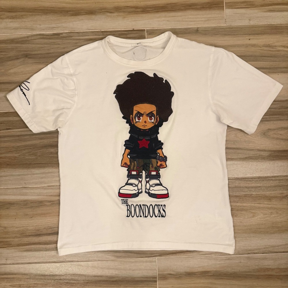 The Boondocks Huey Freeman Graphic T-Shirt White Chenille Patch Mens Large